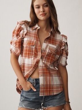 Anthropologie-The Ozzi Plaid Ruffle-Sleeve Buttondown Shirt by Pilcro-Medium (M)